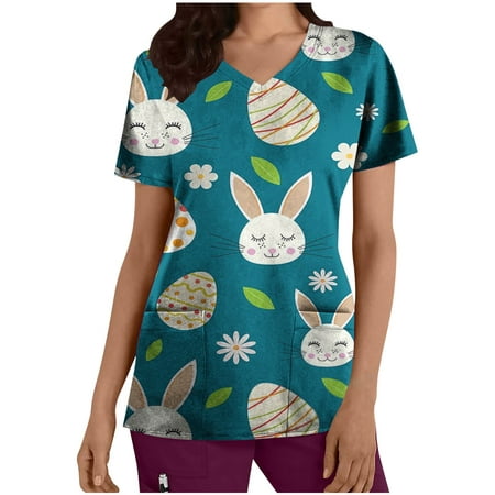 

Easter T Shirt Ladies US Scrub Tops for Women Summer Short Sleeve Easter Egg Shirts V Neck Comfy Loose Fit Cute Rabbit Shirts Bunny Tees Pockets Flared Nursing Working Uniform Workwear Tops