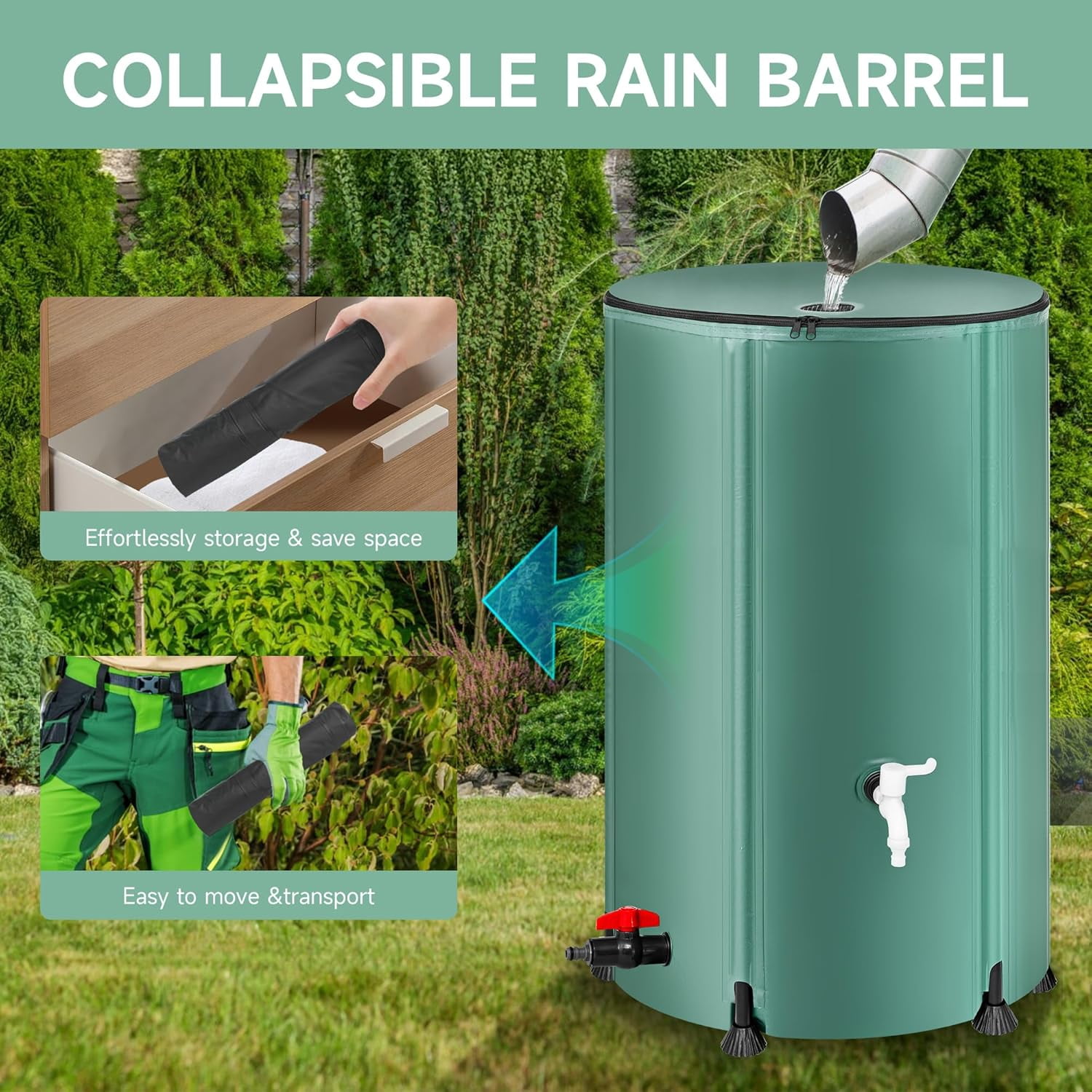 Collapsible Rain Barrel Water Storage Containers-53 Gallon Portable Rainwater Collect System Water Tank to Collect Rainwater from Gutter Downspout Water Catcher with Spigots,Filter＆Overflow Kits