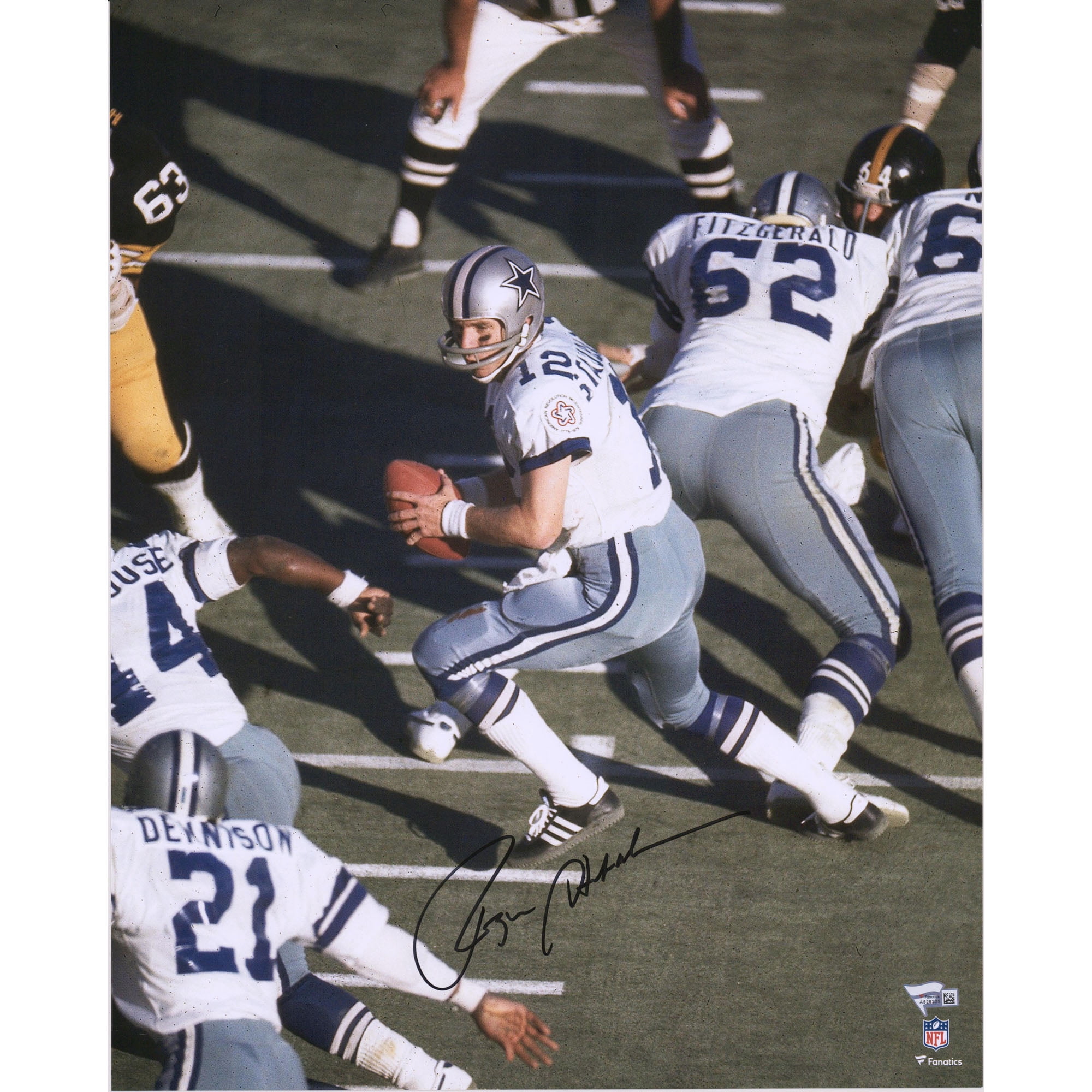 Roger Staubach Dallas Cowboys Autographed 16" x 20" White Jersey Vertical Pass Under Center Photograph