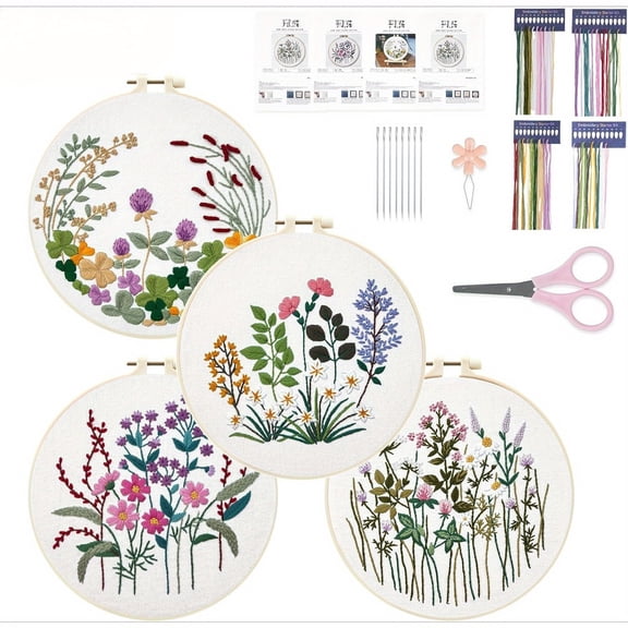 Beginner Embroidery Kit for Adults - 4 Floral Cross Stitch Sets with Pre-Stamped Fabric, Hoops, Threads, and Needles, Easy Step-by-Step Guide