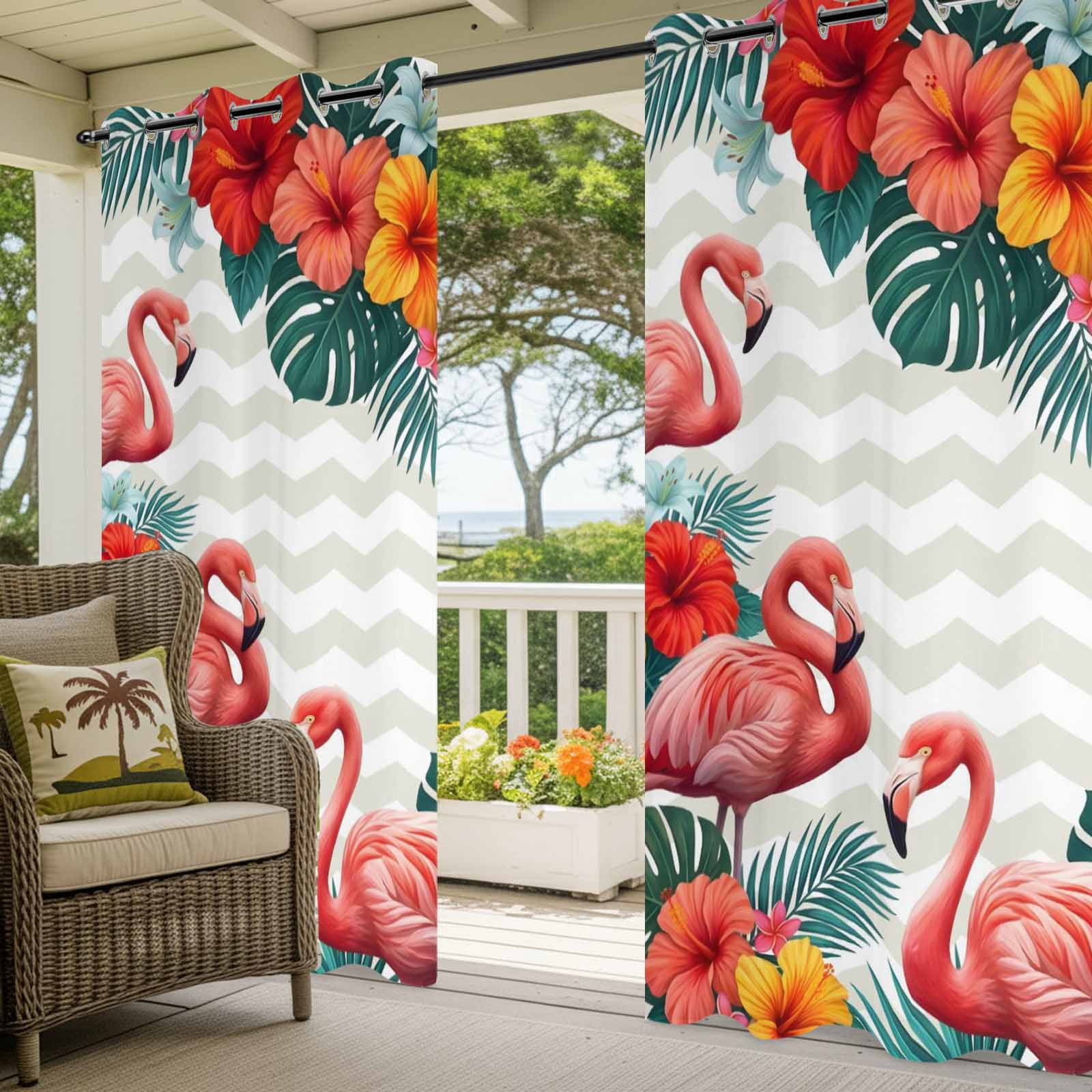 Pink Flamingos Outdoor Curtains for Patio, Summer Red Hibiscus Flower Tropical Plant Wave Stripes Sunshade Privacy Drapes Grommet Waterproof Outside Curtains for Porch Balcony 54"x108", 1 Panel