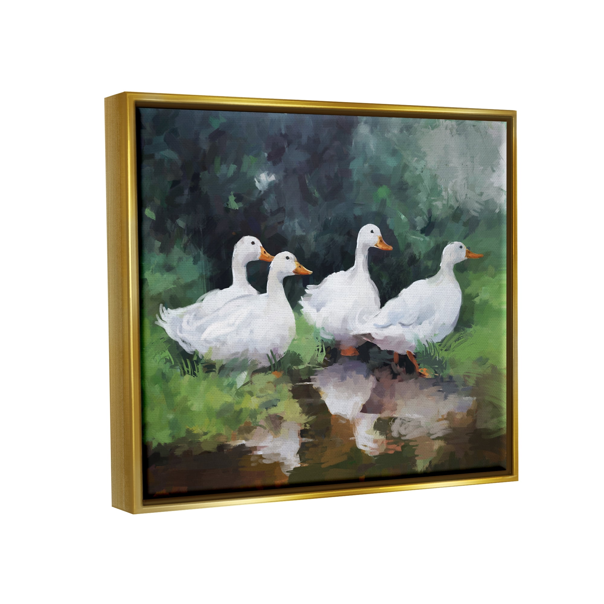 Stupell Industries White Ducks Landscape Animals & Insects Painting Gold Floater Framed Canvas Art Print Wall Art, 21 x 17
