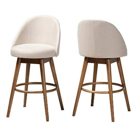 Bowery Hill 29.5" Mid Century Wood & Fabric Swivel Bar Stool in Beige (Set of 2)
