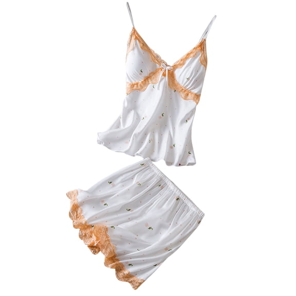 Tnhcen Women's V-Neck Sleeveless Pajama Set 2-Piece Ice Silk Camisole & Shorts Lace Trim Sleepwear M-XL Comfortable Home Wear Orange