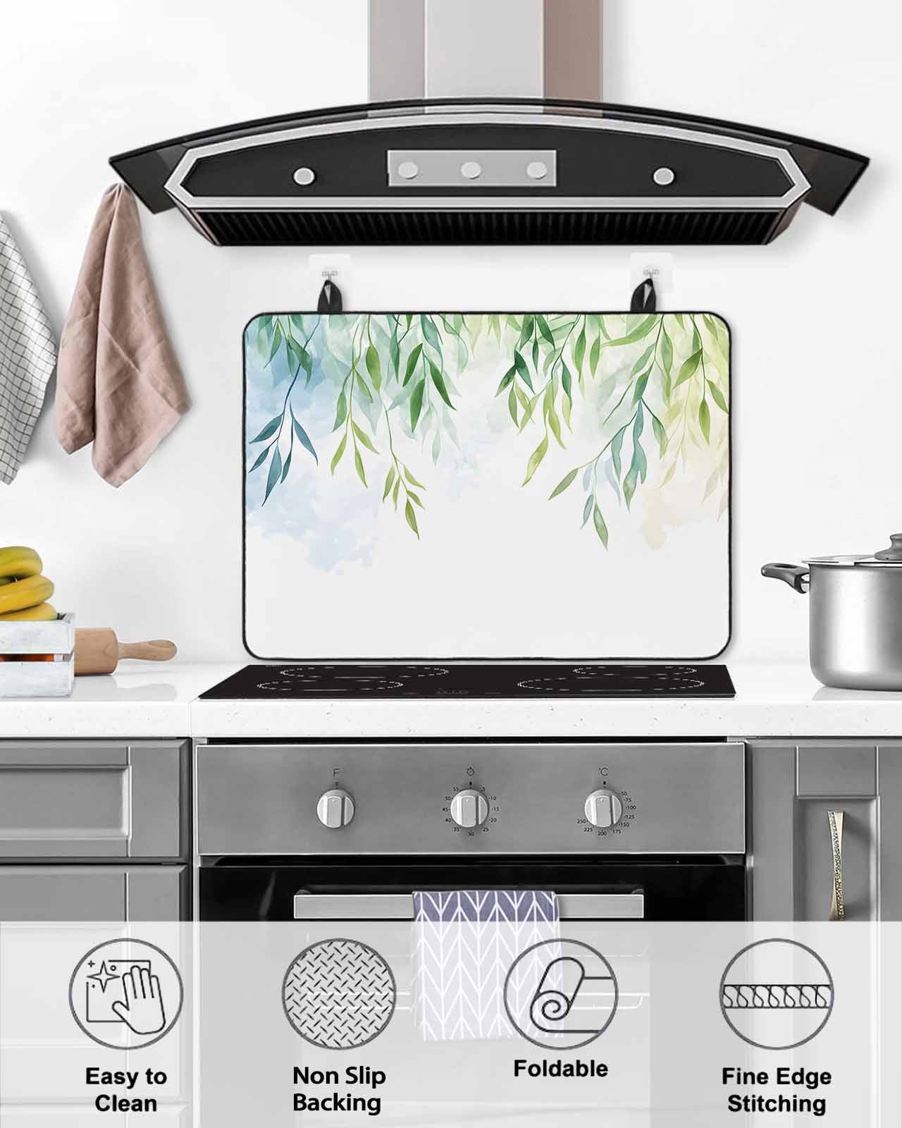 nqOlkjepod Large Induction Cooktop Protector Mat 24"x21", Spring Green Leaves Stove Top Covers for Electric Stove, Summer Botanical Branches Vines Stove Burner Cover Mats, Glass Top Stove Cover