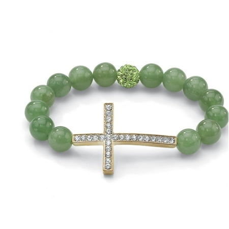 - Genuine Green Agate and Crystal Horizontal Cross Stretch Bracelet in Yellow Gold Tone 8