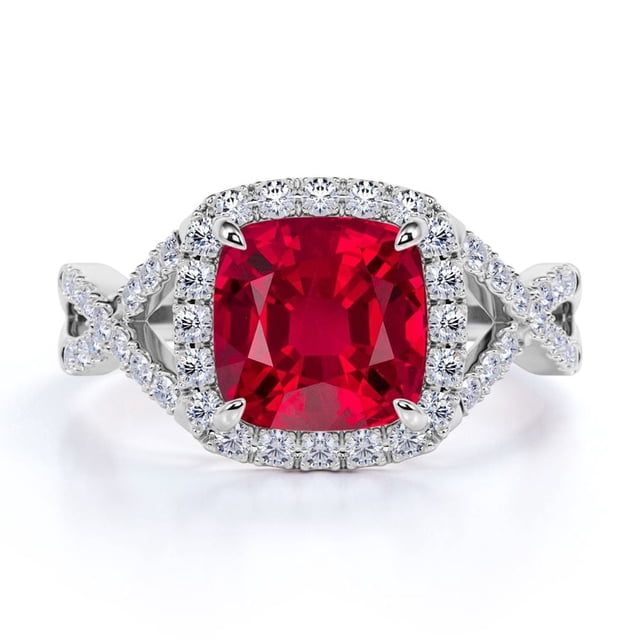 JeenMata Anillo de Compromiso Halo de 4 Puntas: Rubí y Moissanita de Corte Redondo de 1,2 TCW Creados en Lab: Hermoso Anillo de Compromiso con Pavé Cruzado; Baño de Oro Blanco de 18 K sobre Plata