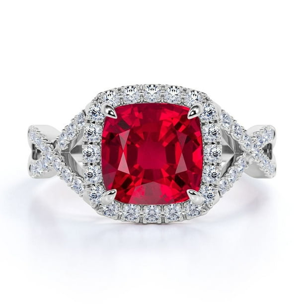 JeenMata Anillo de Compromiso Halo de 4 Puntas: Rubí y Moissanita de Corte Redondo de 1,2 TCW Creados en Lab: Hermoso Anillo de Compromiso con Pavé Cruzado; Baño de Oro Blanco de 18 K sobre Plata