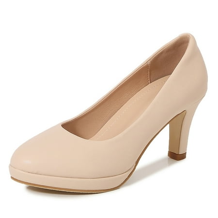 

DADAWEN Women s Pumps Mid Heels Round Toe minimal Platform High heels Bridal Wedding Party Prom Dress Shoes Beige 6.5US
