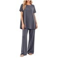 thumbnail image 2 of Costeam Womens Solid Two Piece Co Ord Set Flutter Short Sleeve Tunic Top Wide Leg Long Pants Dual Side Pockets Soft Knit Loose Fit Casual Loungewear Outfit, 2 of 5