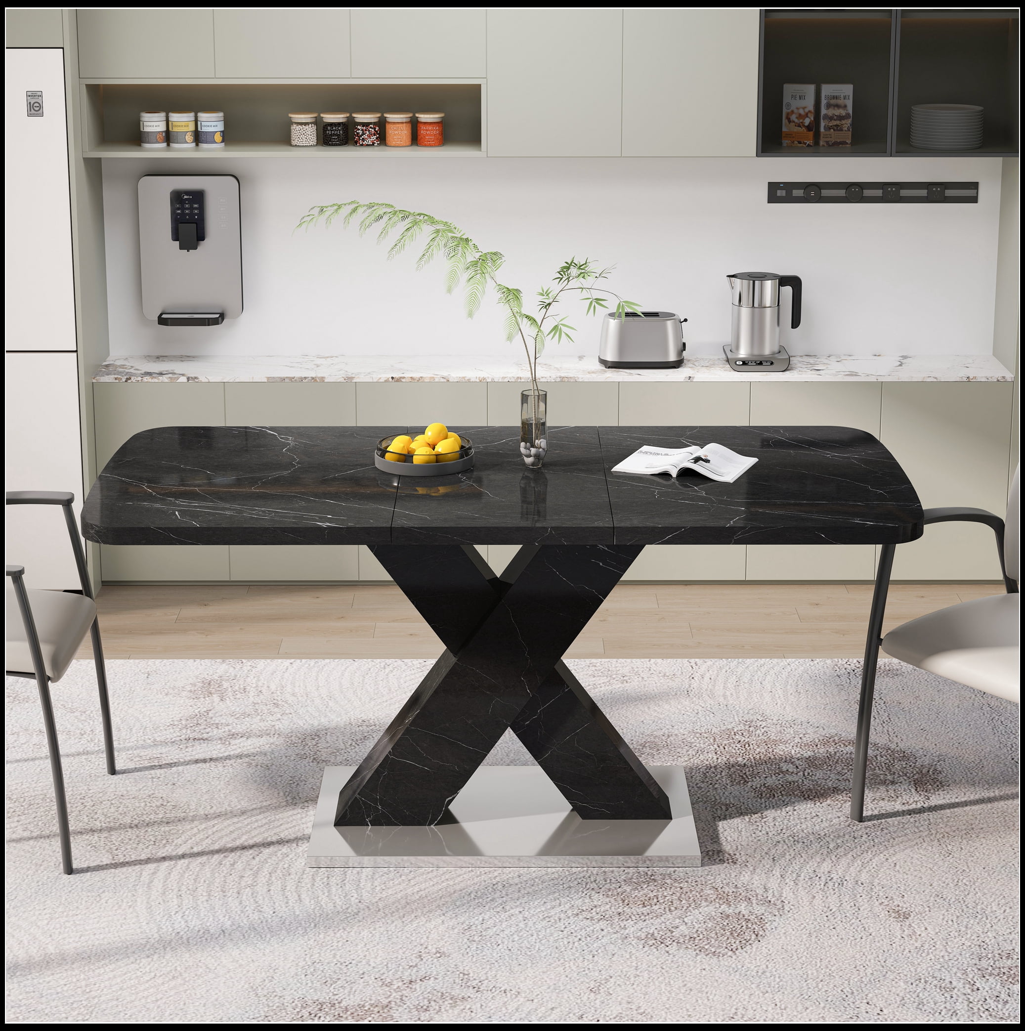 Modern Square Dining Table,Stretchable,Printed Black Marble Table Top+MDF X-Shape Table Leg with Metal Base
