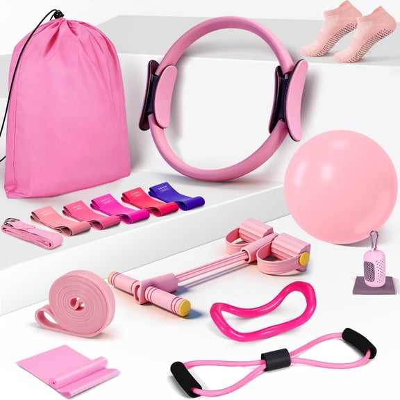 Pilates Essentials Kit for Women 15 Pcs Pilates Starter Set Equipment for Home Workouts with Yoga Ring, 5 Resistance Bands,Pedal Puller & Anti-Slip Socks for Beginners