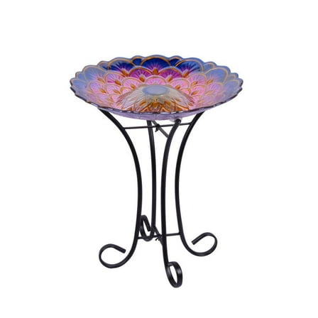 Solar Floral Glass Bird Bath with Stand Garden Statue