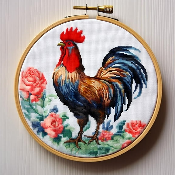 Rooster DIY Stamped Cross Stitch Kits for Beginners Easy with Hoop 11CT Needlepoint Embroidery Counted Cross Stitch Kits Art Craft Wall Decor and Gift 35x35cm(1)