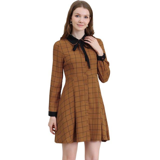 INSPIRE CHIC Robe Rétro à Carreaux Contrastés avec Col pour Femmes Peter Pan