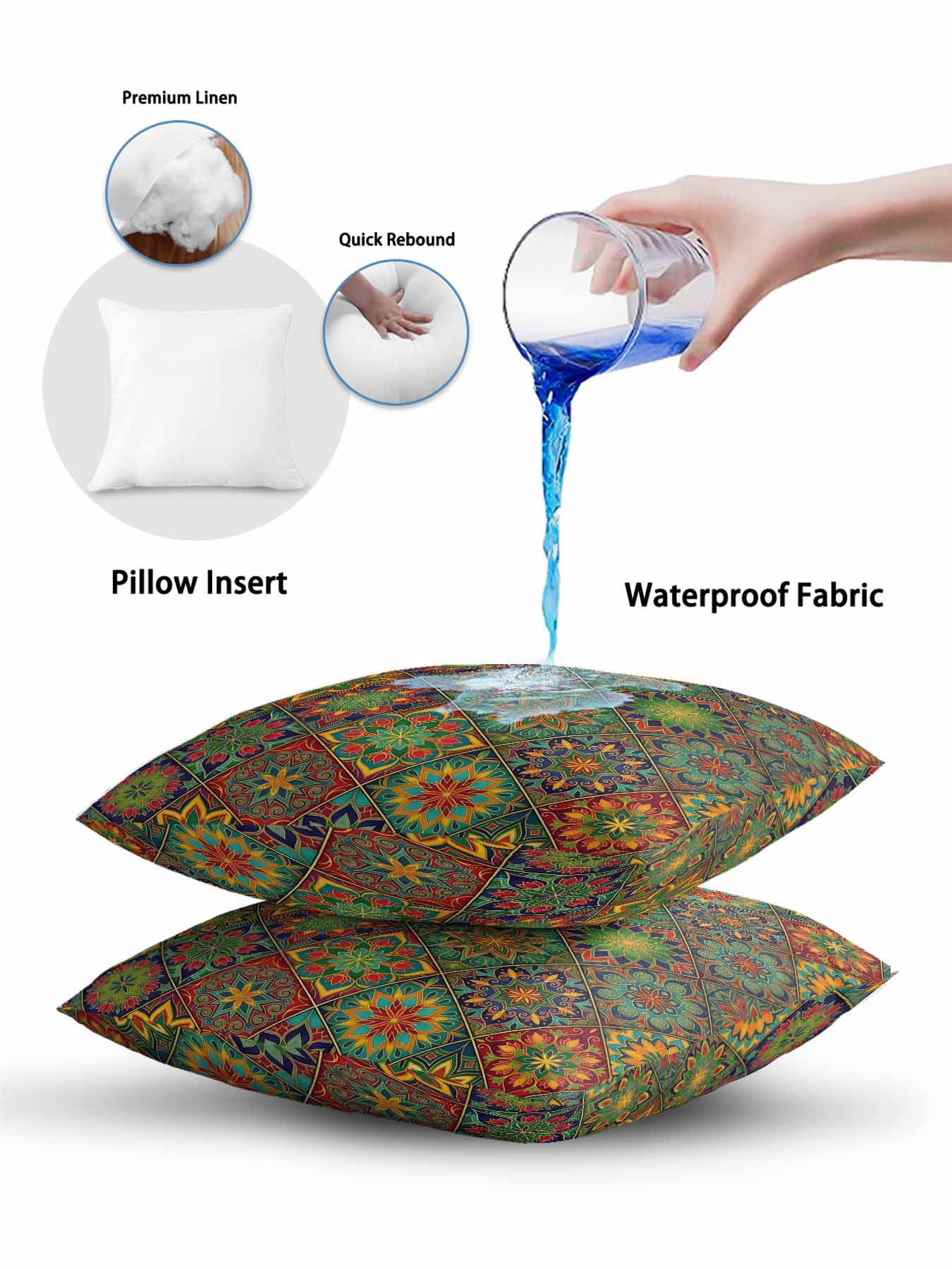 1 Pack Outdoor Throw Pillow, Retro Boho Waterproof Pillow with Insert Included, Green Blue Red Ethnic Floral Geometric Abstract Decorative Accent Cushion Sofa Pillows for Patio Porch, 18 x 18 In