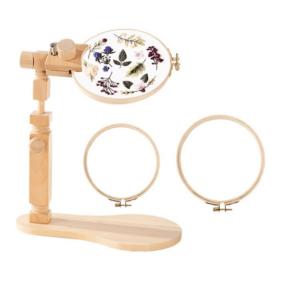 Adjustable Embroidery Hoop Stand with 2PCS 6In 7In Hoops, Solid Hand-Polished Natural Wood Holder for Sewing Projects