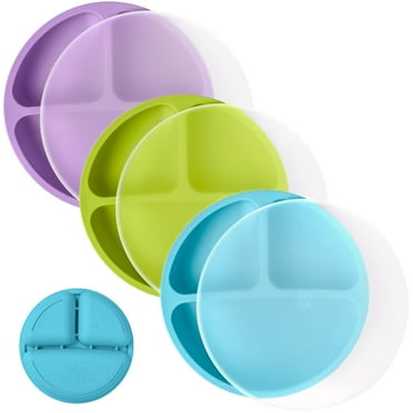 WeeSprout Toddler Plates, Silicone Divided Dishes for Kids, BPA-Free, 3 Pack, Green/Blue/Purple