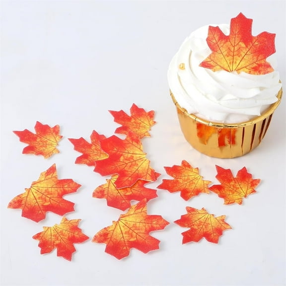 Triani 50Pcs Edible Fall Leaves Cupcake Toppers Wafer Paper Autumn Maple Leaves Cupcake Picks Wafer Paper Fall Leaf Thanksgiving Cake Decorations(Red)