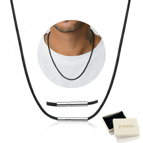 FindChic Men Waterproof Black Leather Cord Necklaces, Stainless Steel Chain Necklace 2mm Width 16-30 inch Waxed Rope Chain to Match Pendant for Dad Son, with Gift Box