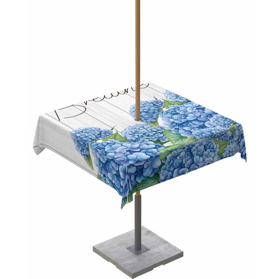nqOlkjepod Blue Hydrangeas Floral Outdoor Tablecloth with Umbrella Hole & Zipper, Spring Summer Flower Wooden Grain Square Table Cover 60x60 Inch, Dining Waterproof Table Cloth Protector for Patio