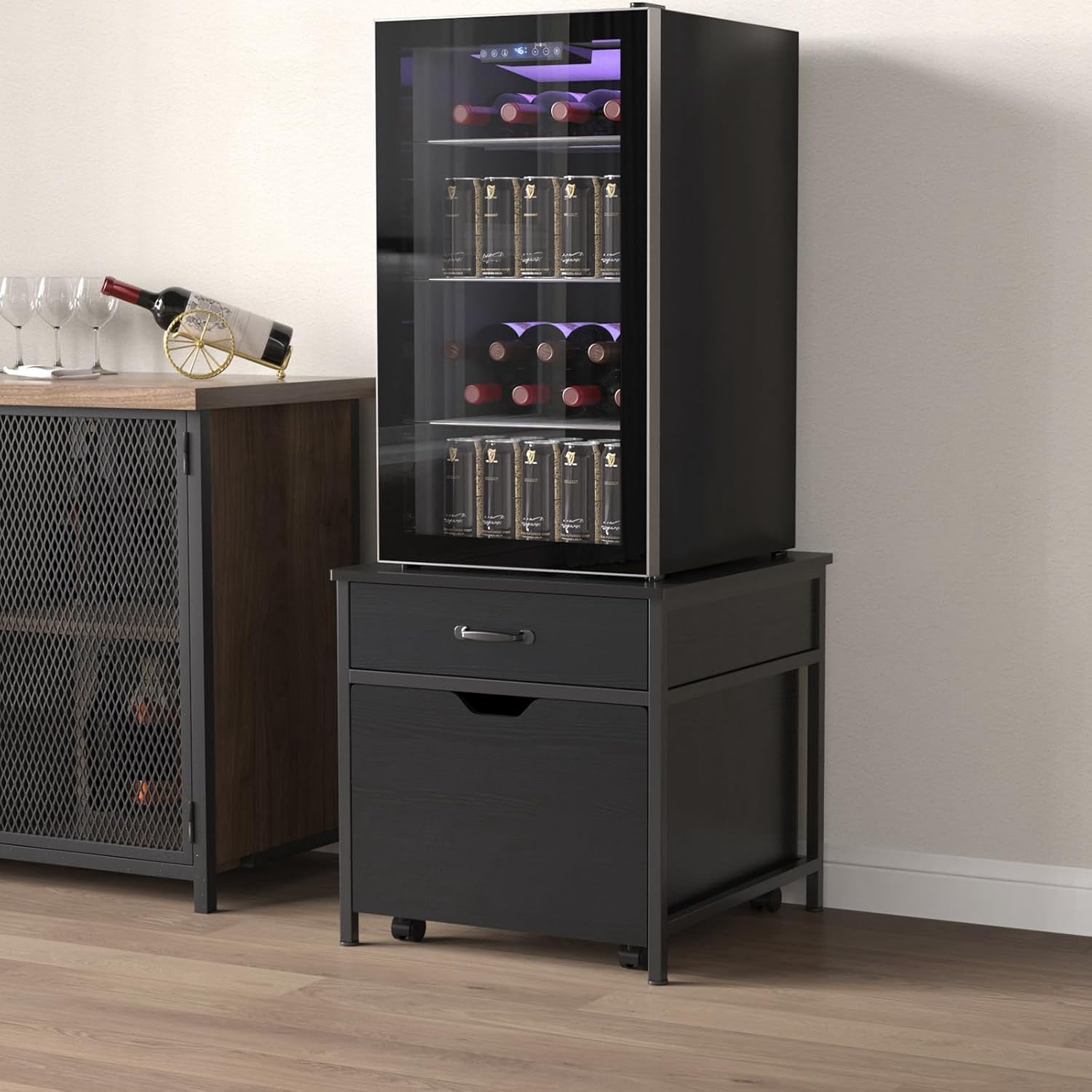 Mini Fridge Stand with Storage, Heavy Duty Mini Fridge Table with Rolling Cabinet 220LBS Capacity Tabletop for Dorm, Apartment,Office, Bedroom
