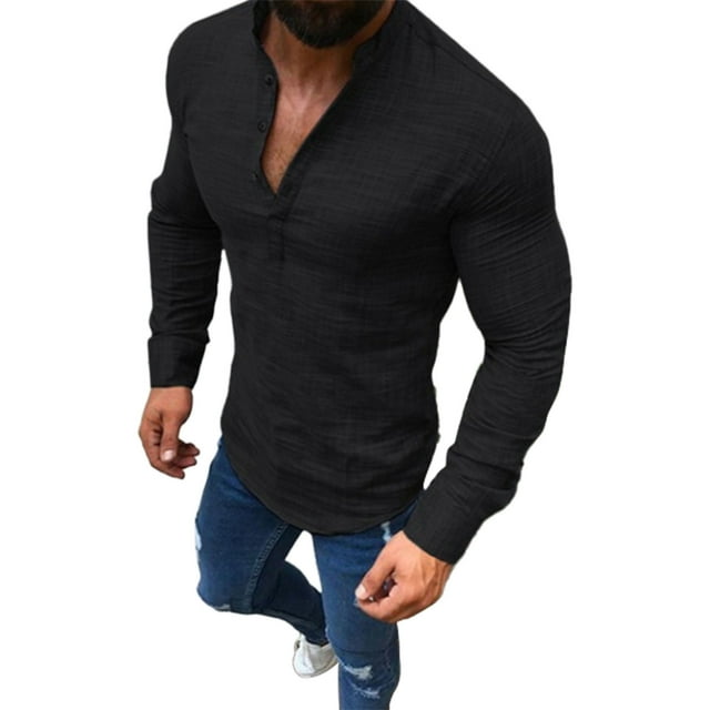 Male Long Sleeve Top Plain Color Soft Button Front Casual Fitted Men Sleeved Shirt for Gentlemen Black XL