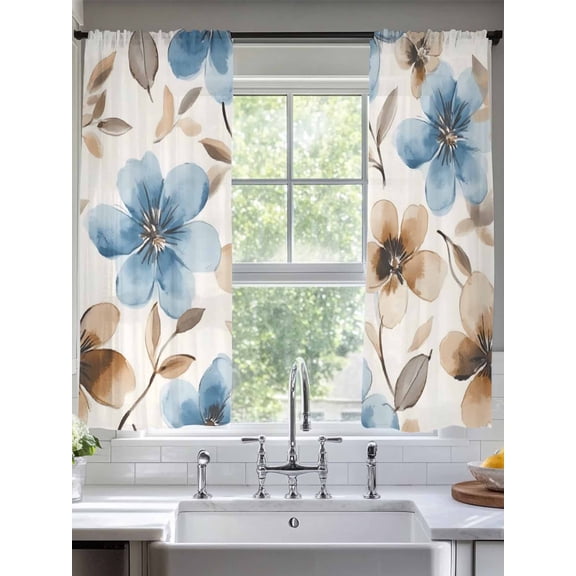 Spring Watercolor Sheer Curtains 72 Inches Long 2 Panels Blue Brown Flower Garden Scenery Light Filtering Semi Sheer Window Curtains Drapes for Bedroom Living Room 52"x72"