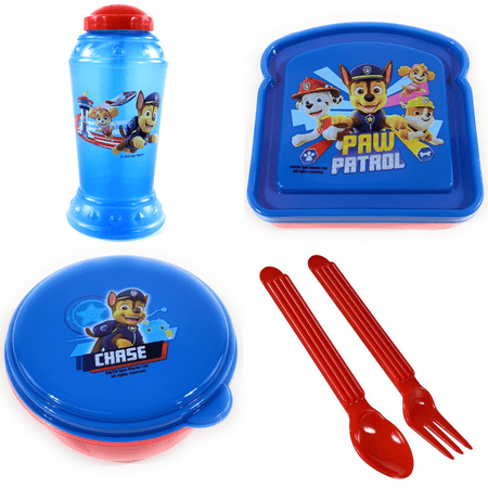 

Paw Patrol Lunch Box Set! Includes Sandwich Box + Snack Container + Water Bottle + Tableware Featuring Ryder + Dogs! 4 Piece Kids Picnic Pack in Tote Bag! (Red)
