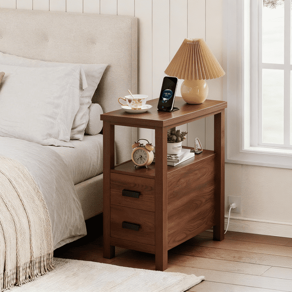 Pawverly Side Table with Charging Station, Narrow End Table with USB Ports & Outlets, 2 Drawer Nightstand for Bedroom, Living Room, Small Space, Walnut Finish