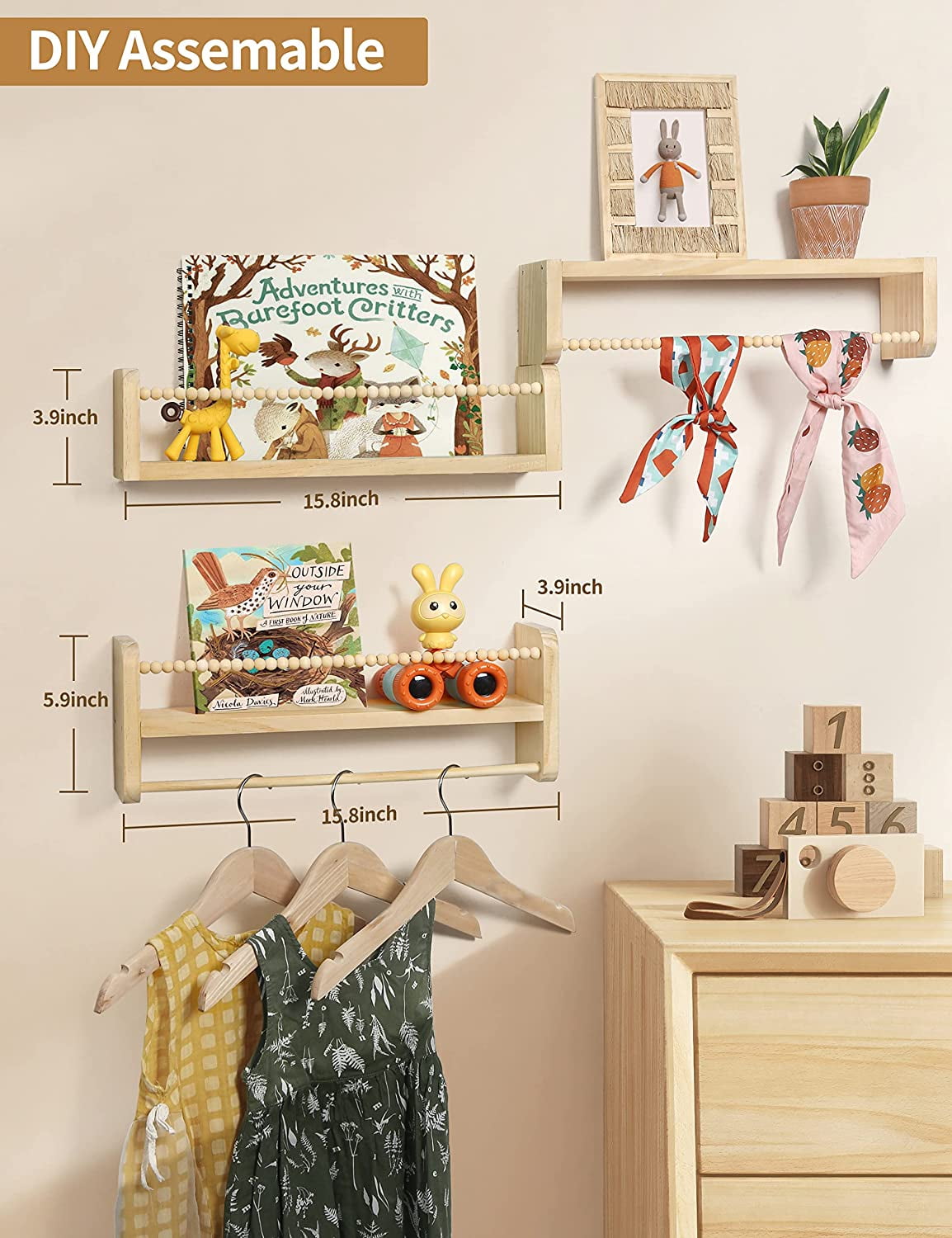 SUMGAR  Nursery Floating Shelves for Wall Set of 3 16in, Kids Bookshelf Toy Storage Organizer Natural Wood Shelves Wall Mounted for Kids Room, Bedroom and Kitchen