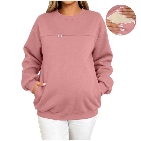 hoksml Maternity Nursing Sweatshirt Crew Neck Long Sleeve Pocket Adjustable Feeding Top for Pregnant Daily Soft