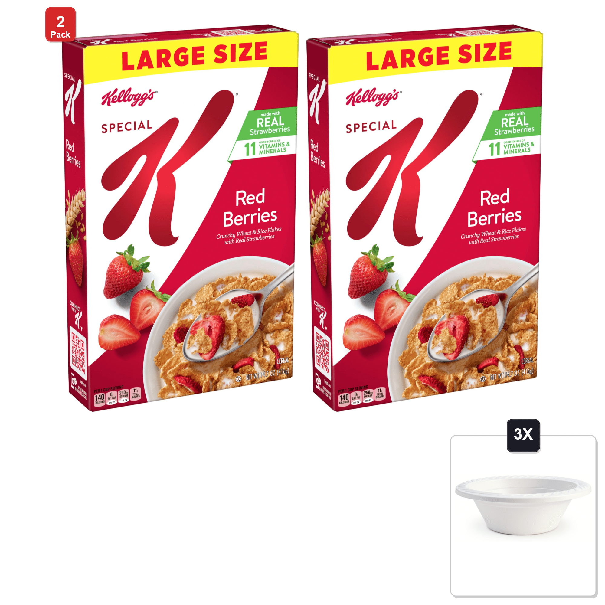 2 Pack | Kelloggs Special K Breakfast Cereal, Large Size, Red Berries, 14.7 oz & 3x 12oz Disposable Plastic Bowl