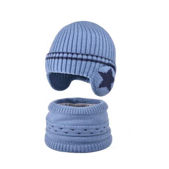 Splozh Boys Winter Hat Children's Hat Glove Scarf Set for Boys Girls Winter Warm Knitted Wool Hat with Velvet Ear Head Cap Blue,One Size