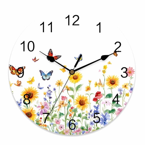 Wall Clock 12 Inch PInk Blue Yellow Flowers Round Silent Decorative Wall Clocks Battery Operated for Living Room Bedroom Kitchen Classroom Decor, Rustic Watercolor Floral Butterfly,Large