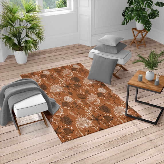Floral Turkish Area Rug, Vintage Soft Greenery Dotted Background Nature Inspiration Image Art, Soft Carpet for Living Room Decor with Distressed Look, 6.6' X 9.6', Cinnamon Umber, by Ambesonne