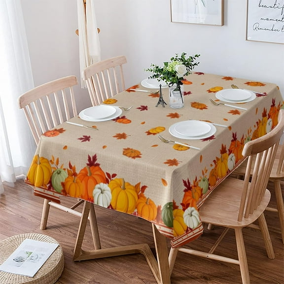 Thanksgiving Fall Tablecloth Waterproof & Stainproof Tablecloths, Orange Autumn Pumpkin Maple Leaves Rustic Burlap Wipeable Table Cloth Wrinkle-Free for Holiday Dining/Party/Wedding Decorations, 60x84