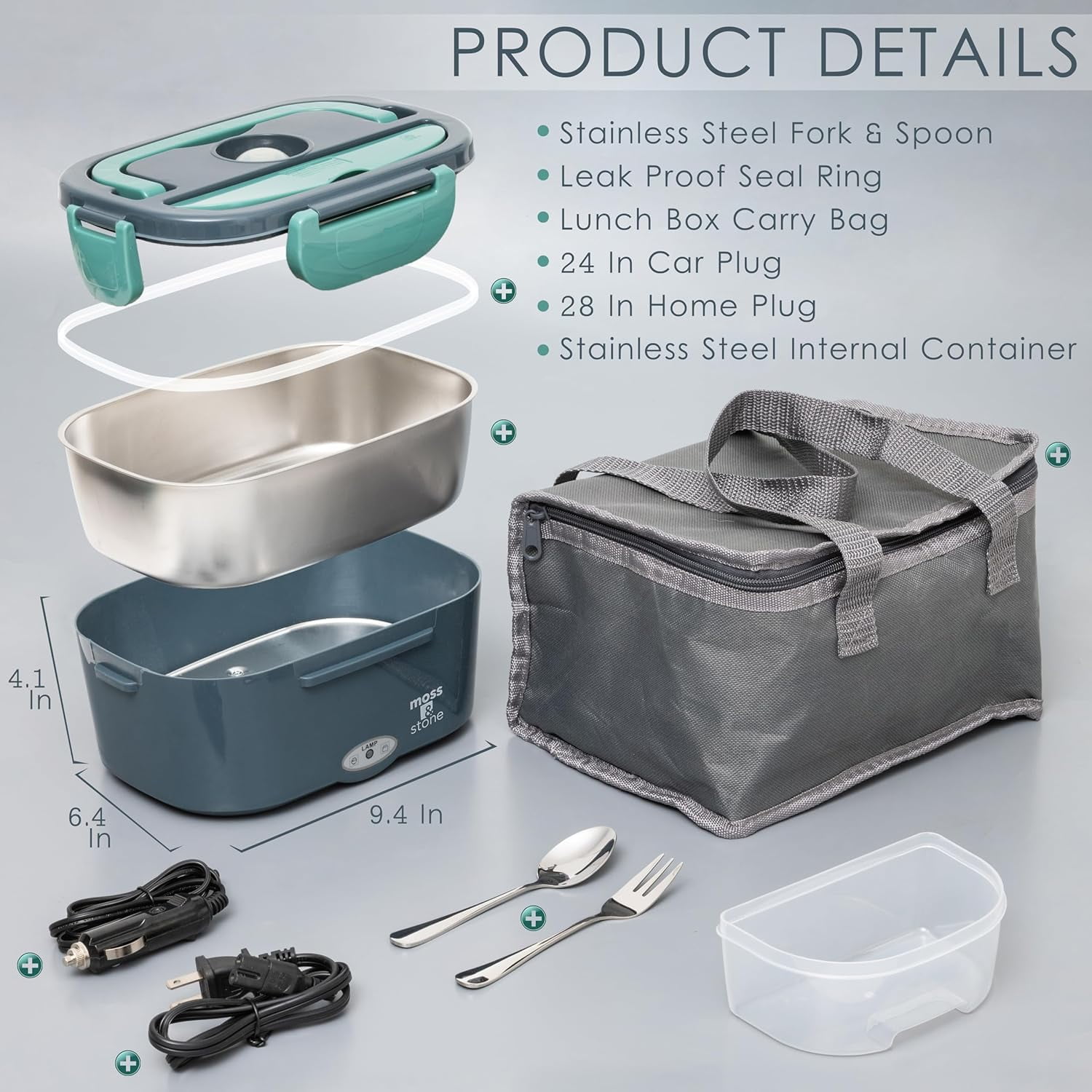 Moss & Stone Electric Lunch Box Food Heater for Adults Green & Gray Food Warmer Lunch Box, 12/24/110v Lunch Box Warmer Portable For Work/Car/Truck, Fork & Spoon & 1.5L Removable S.S Container