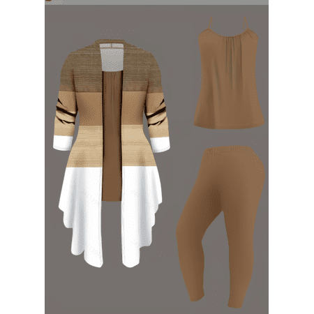 Women's 3-Piece Casual Lounge Set Printed Long Sleeve Cardigan Jacket Solid Vest & High Elasticity Slacks Knit Loungewear Suit