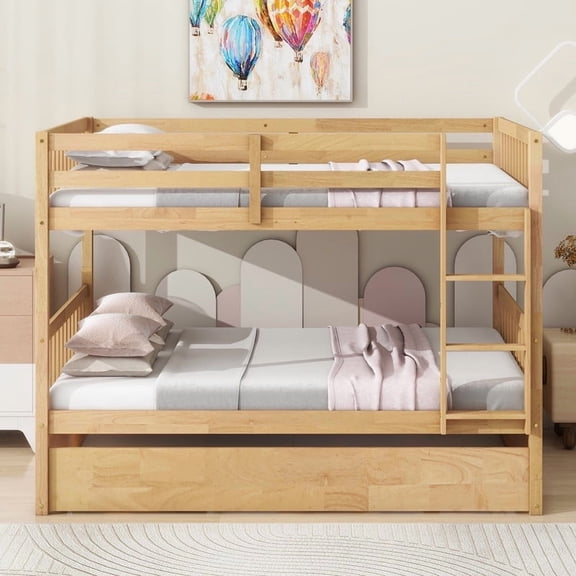 Bellemave Full Over Full Wood Bunk Bed with Trundle, Ladder and Safety Guardrails, Convertible to 2 Full Size Platform Bed, Teens, Adults, White Oak