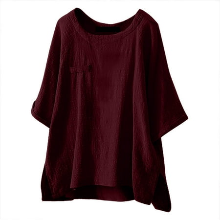 

Ichuanyi Womens Fall Tops Clearance Women O-Neck Solid Three Quarter Sleeve Cotton Tops Blouse T-shirt