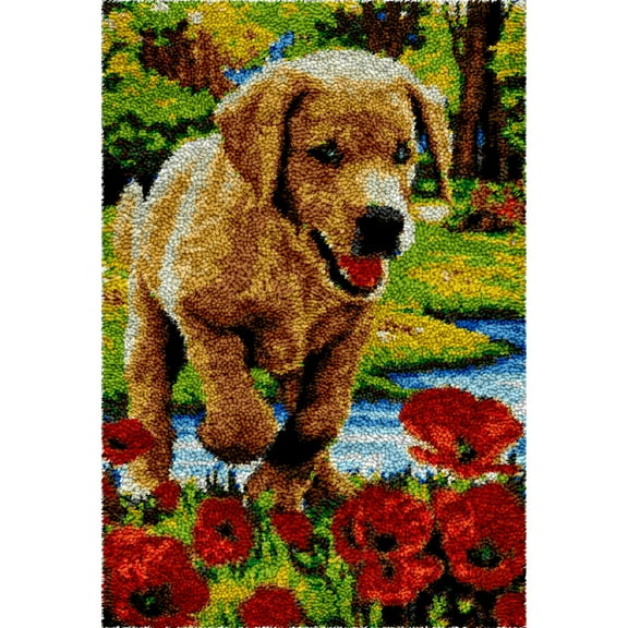 Rug Making Latch Hooking Kit，Dog With Flowers Rug Making Latch Hooking Kit  ,Creative Craft Home Decor Ideal for Learning Rug Making