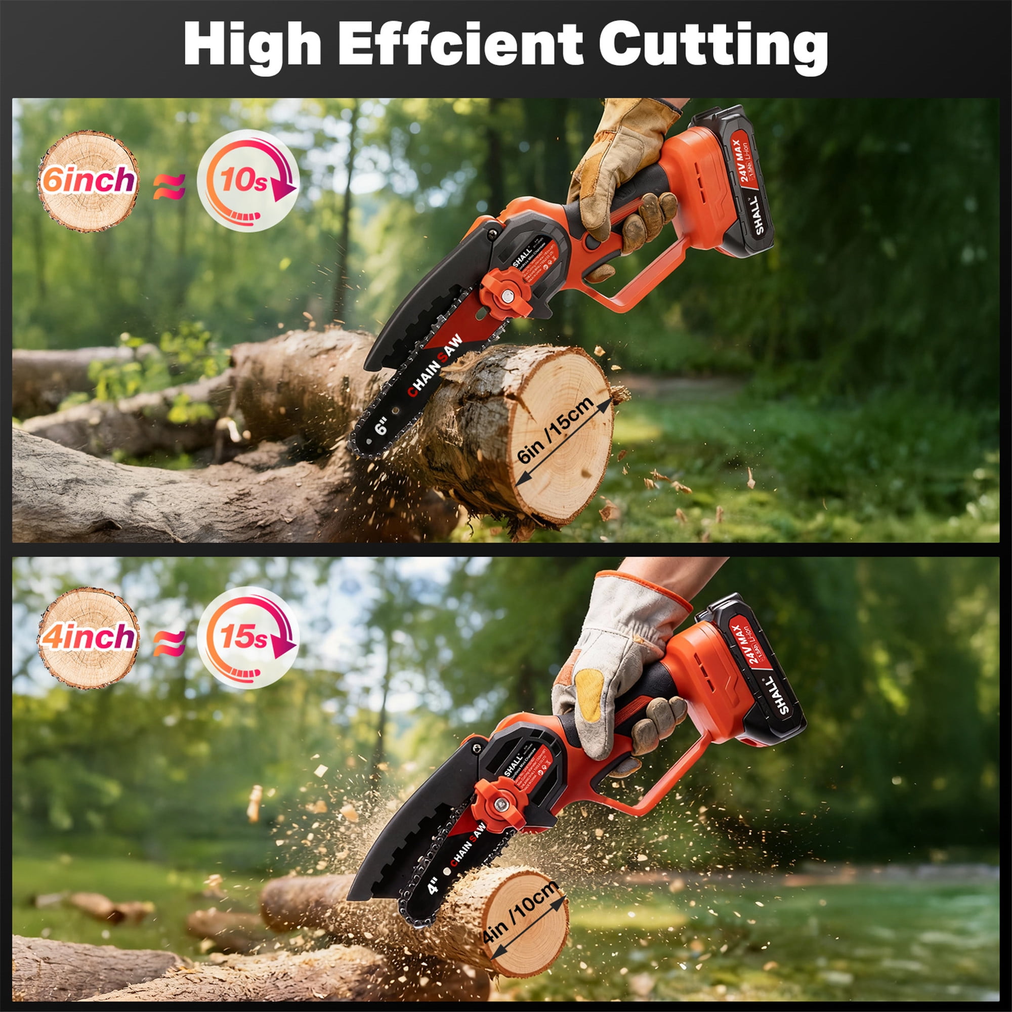 SHALL Mini Chainsaw Cordless 6 Inch & 4 Inch, 24V Portable Electric Chainsaw, Handheld ChainSaw  2 Batteries 4 Chains for Tree Branches,Courtyard,Household and Garden