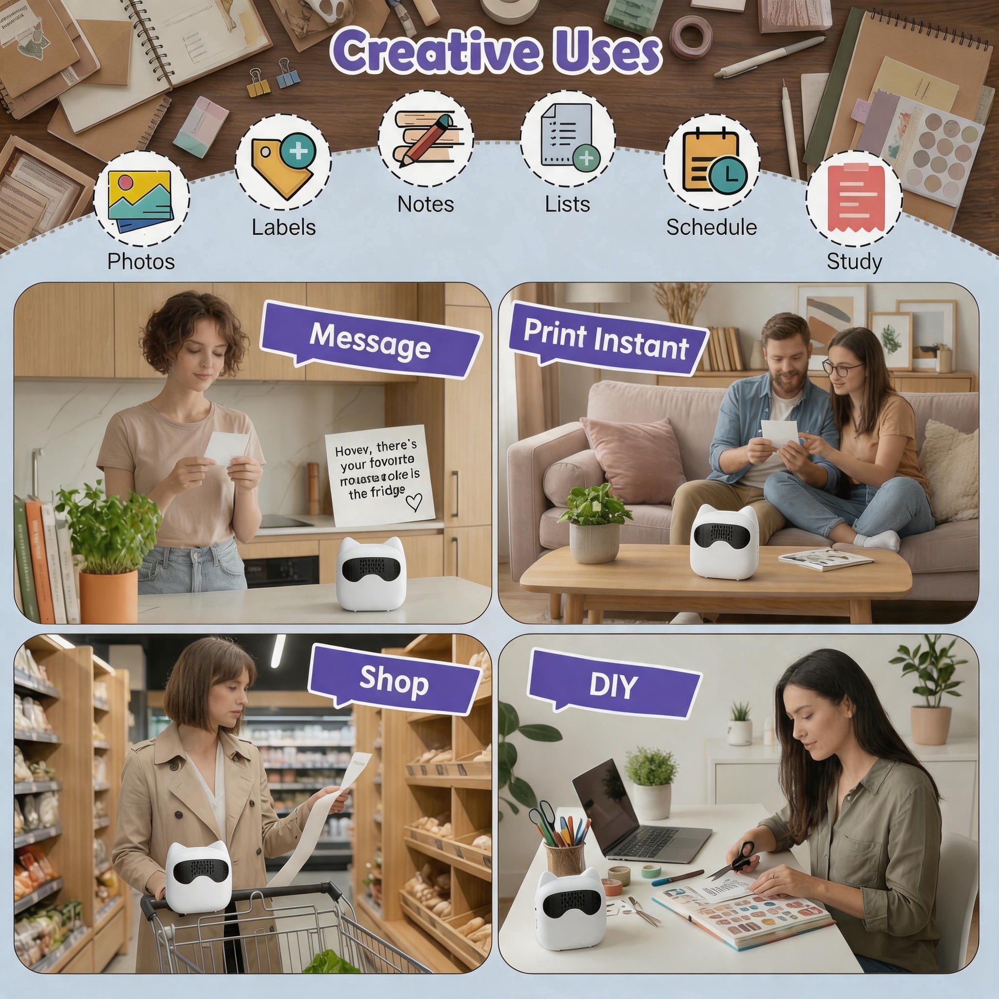 AI Voice-to-Image Mini Printer, Portable Inkless Thermal Printer with AI Image Generation & Voice Q&A, Bluetooth Sticker Printer with Thermal Paper for DIY, Journaling & Family Creative Time  - Black