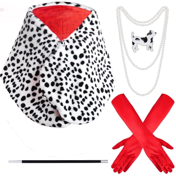 Women's Halloween Dalmatian set Black and White scarf Pearl necklace Red gloves  cosplay party costume