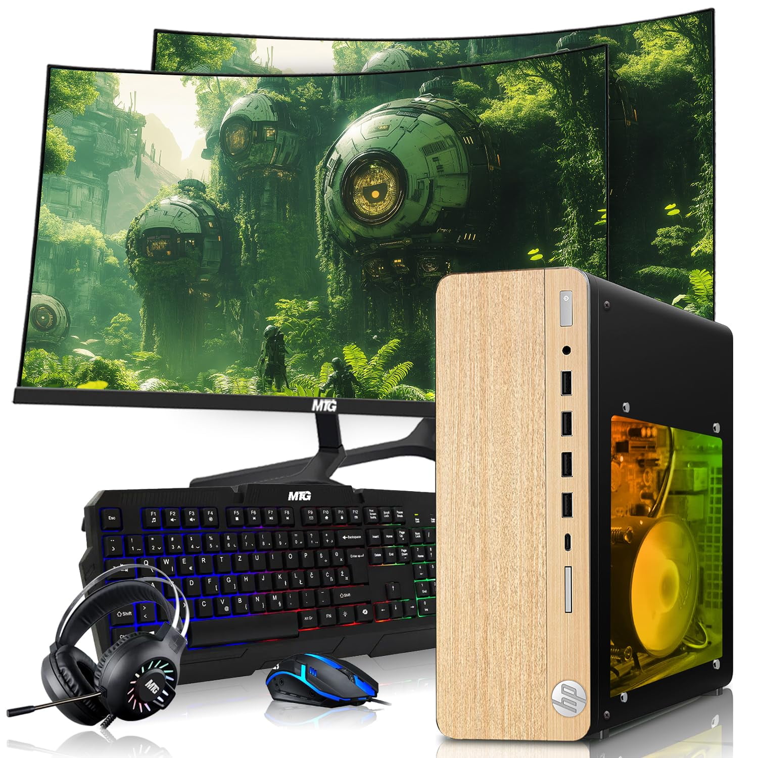 Restored HP Full Light Gaming PC Desktop Computer – AMD Pro A10-9700,RX 550 Graphics,8GB RAM,1TB SSD,Dual 32 Inch Curved Monitor,RGB Keyboard with AI Copilot,Mouse,WiFi,RGB Headphone,Windows 11 (Refurbished)
