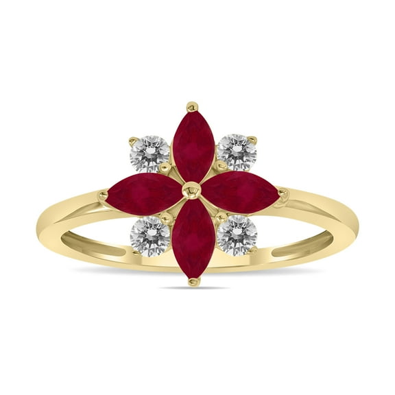 SZUL Women's 3/4 Carat TW Ruby and Diamond Flower Ring in 10K Yellow Gold