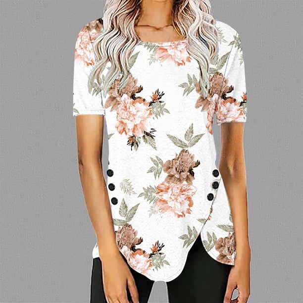 Fiudx Camisetas para Mujer Blusa Casual de Manga Corta con Estampado de Botones y Cuello Redondo para Mujer