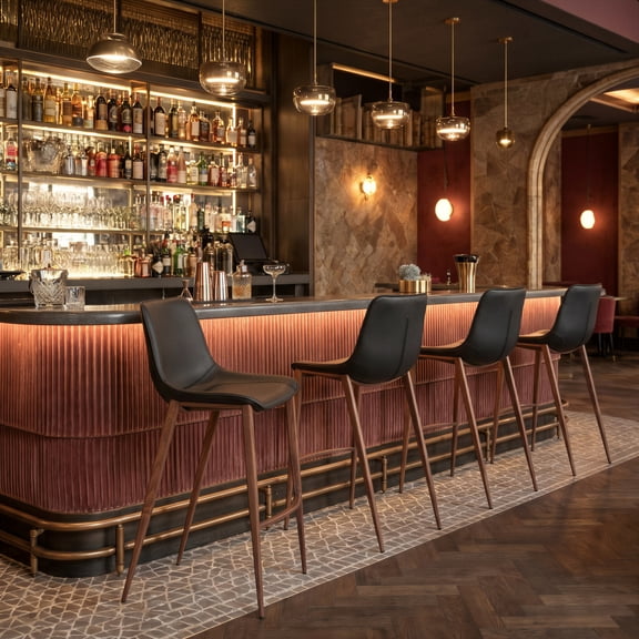 Magnus Barstool Black & Walnut Barstool, Modern Style, Plush and durable faux leather fabric, Plywood, Indoor Bar