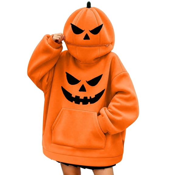 Perfectbot Halloween Pumpkin Hoodie for Women 3D Stem Hat Fall Costume Oversized Sweatshirt Pullover Top